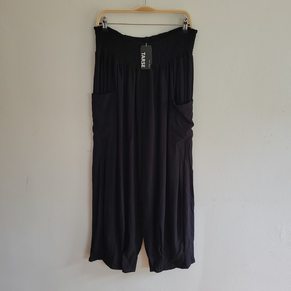 Tarse Cropped Wide Leg Pull On Pants 2XL Black Linen Blend Boho Chic Lagenlook